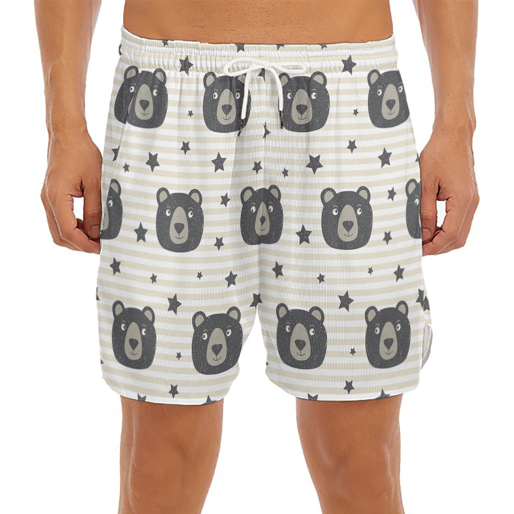 Cute Black Bear Pattern Print Men's Split Running Shorts