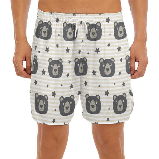 Cute Black Bear Pattern Print Men's Split Running Shorts