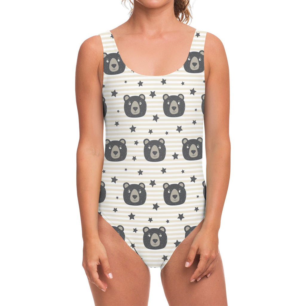 Cute Black Bear Pattern Print One Piece Swimsuit