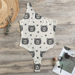 Cute Black Bear Pattern Print One Shoulder Bodysuit