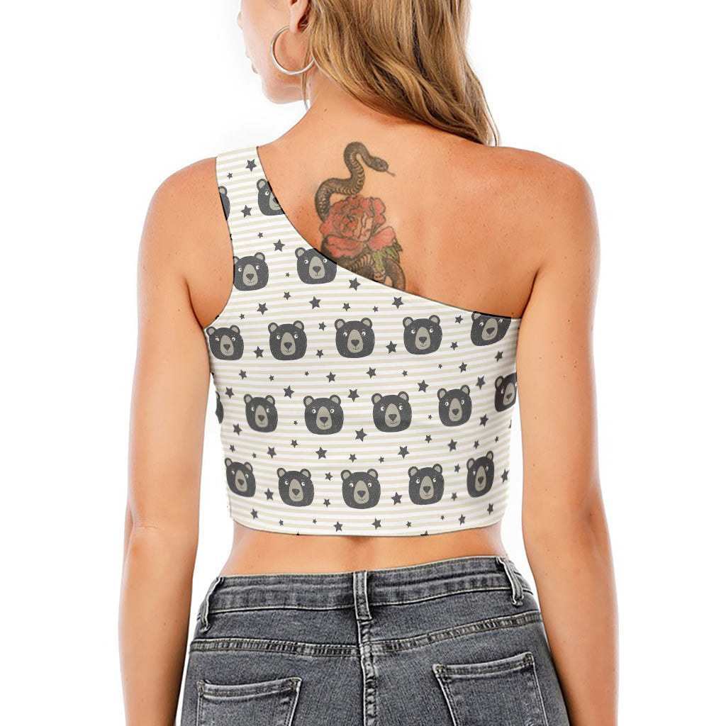 Cute Black Bear Pattern Print One Shoulder Crop Top