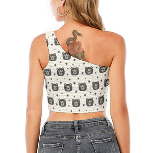 Cute Black Bear Pattern Print One Shoulder Crop Top