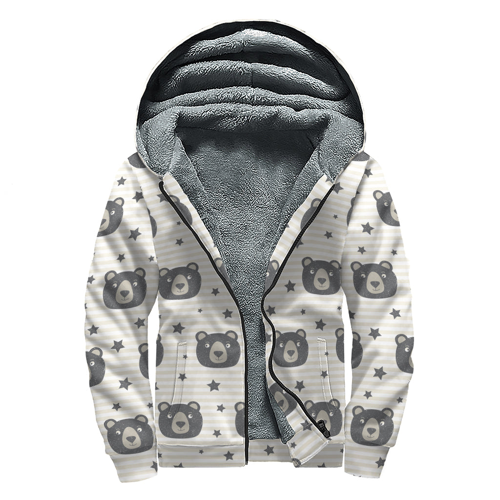 Cute Black Bear Pattern Print Sherpa Lined Zip Up Hoodie