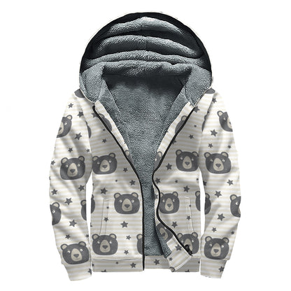 Cute Black Bear Pattern Print Sherpa Lined Zip Up Hoodie