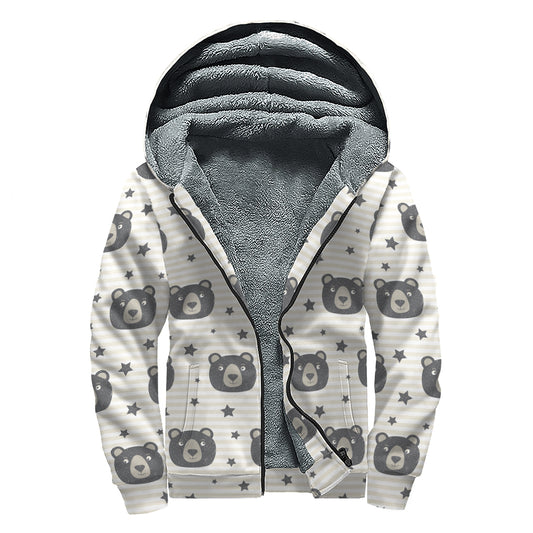Cute Black Bear Pattern Print Sherpa Lined Zip Up Hoodie