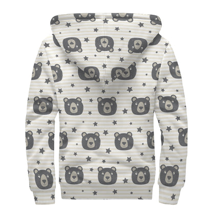 Cute Black Bear Pattern Print Sherpa Lined Zip Up Hoodie