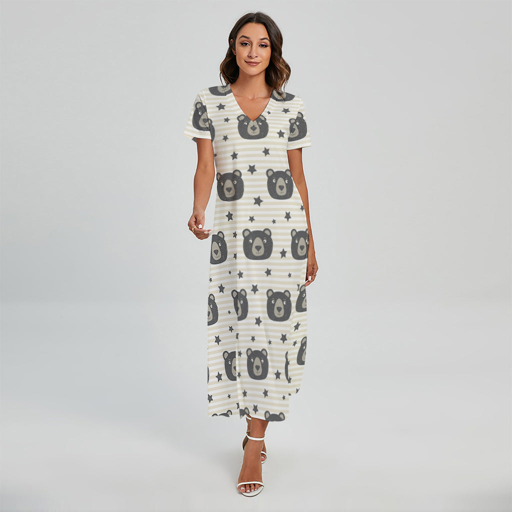 Cute Black Bear Pattern Print Short Sleeve Maxi Dress