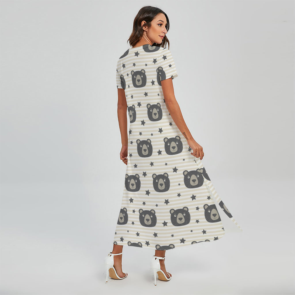 Cute Black Bear Pattern Print Short Sleeve Maxi Dress