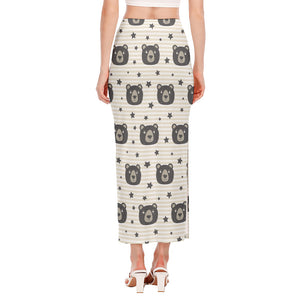 Cute Black Bear Pattern Print Side Slit Maxi Skirt