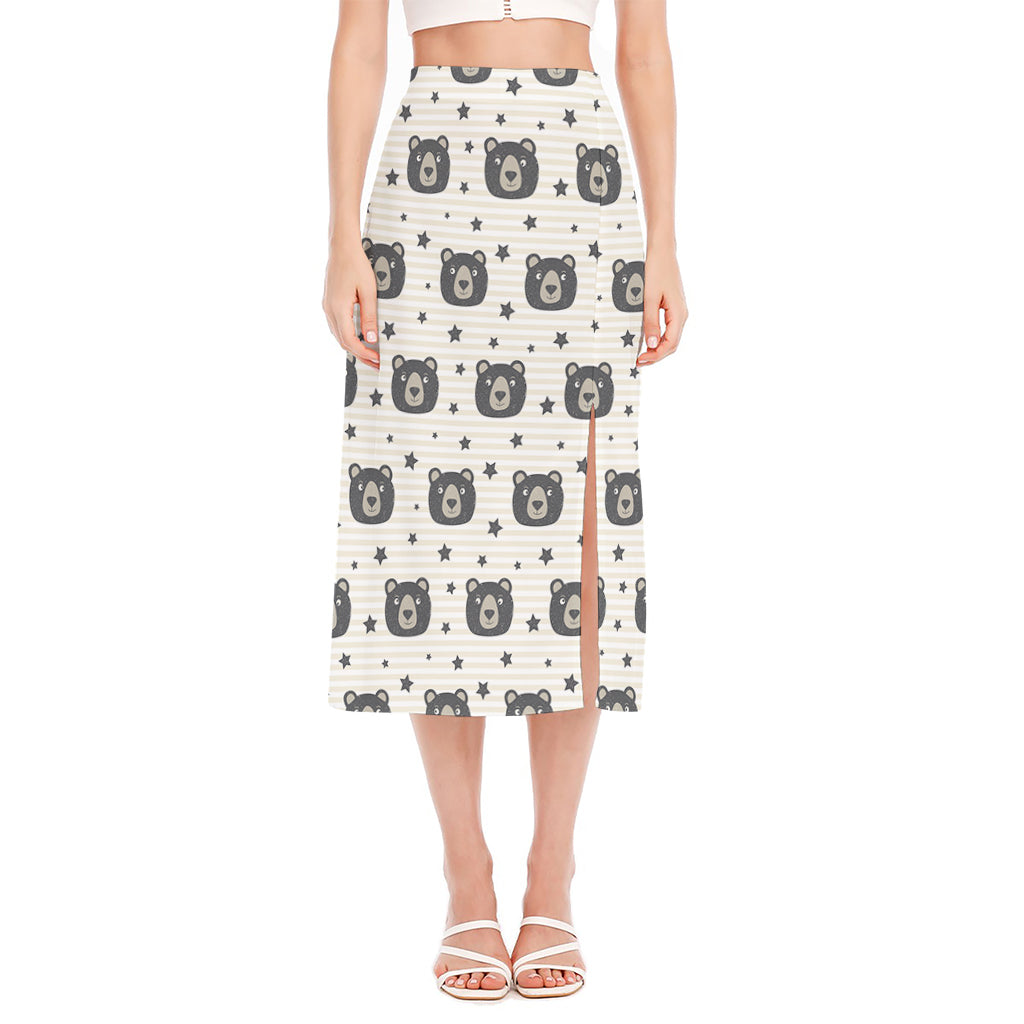 Cute Black Bear Pattern Print Side Slit Midi Skirt