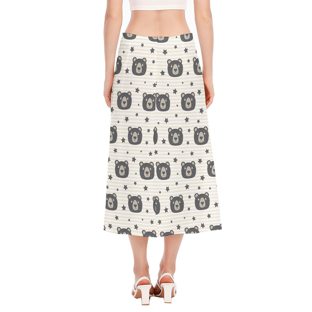 Cute Black Bear Pattern Print Side Slit Midi Skirt