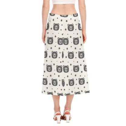 Cute Black Bear Pattern Print Side Slit Midi Skirt