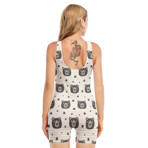 Cute Black Bear Pattern Print Sleeveless One Piece Swimsuit