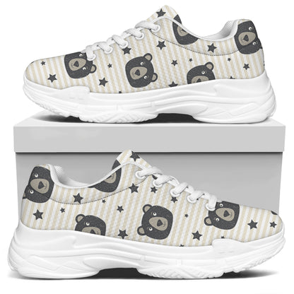 Cute Black Bear Pattern Print White Chunky Shoes