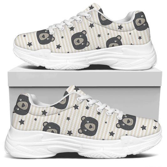 Cute Black Bear Pattern Print White Chunky Shoes