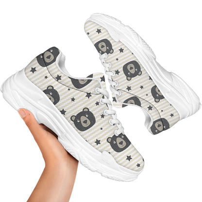 Cute Black Bear Pattern Print White Chunky Shoes