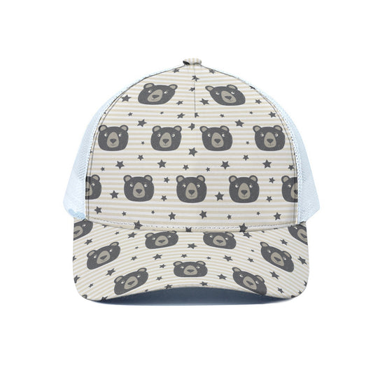 Cute Black Bear Pattern Print White Mesh Trucker Cap
