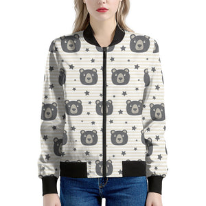 Cute Black Bear Pattern Print Women's Bomber Jacket