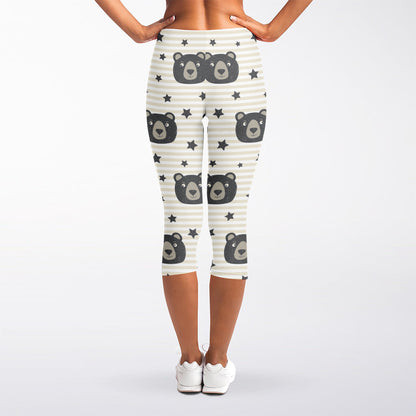 Cute Black Bear Pattern Print Women's Capri Leggings