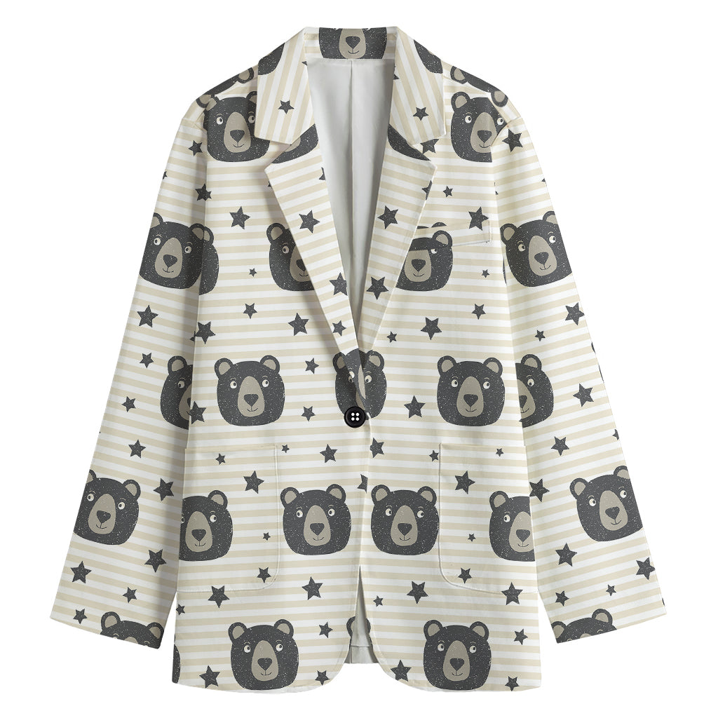 Cute Black Bear Pattern Print Women's Cotton Blazer