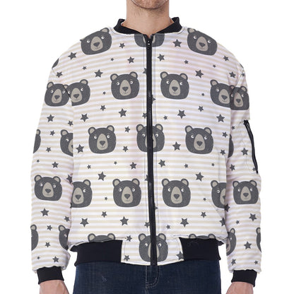Cute Black Bear Pattern Print Zip Sleeve Bomber Jacket