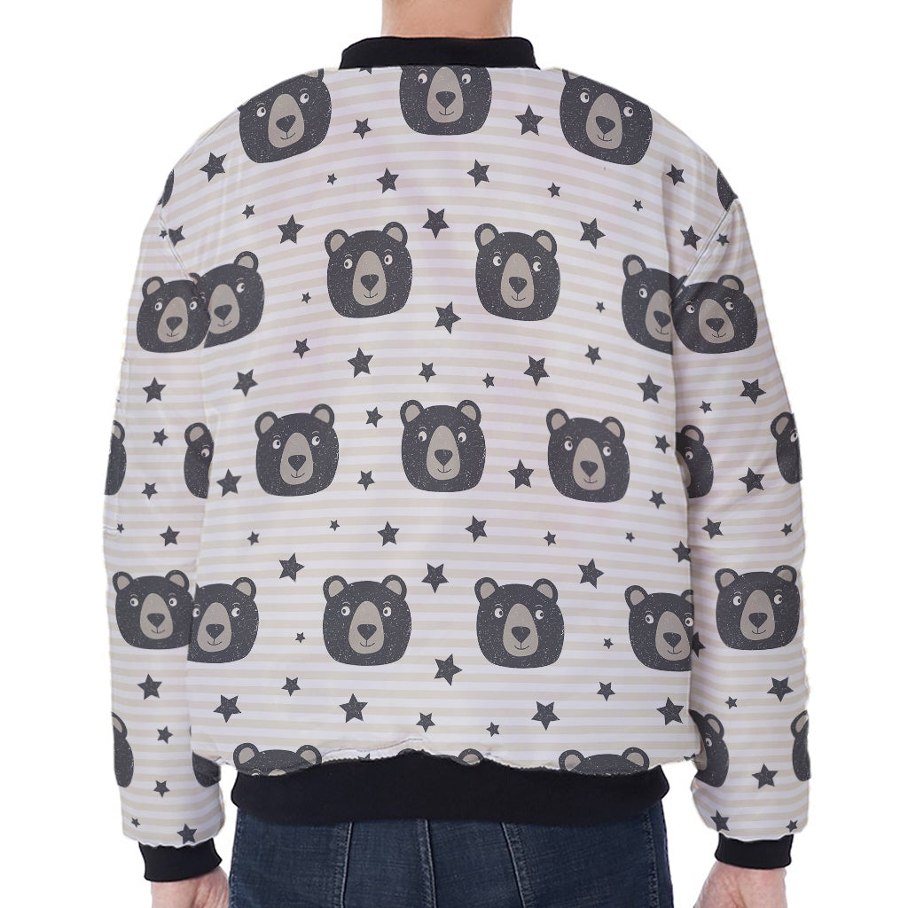Cute Black Bear Pattern Print Zip Sleeve Bomber Jacket