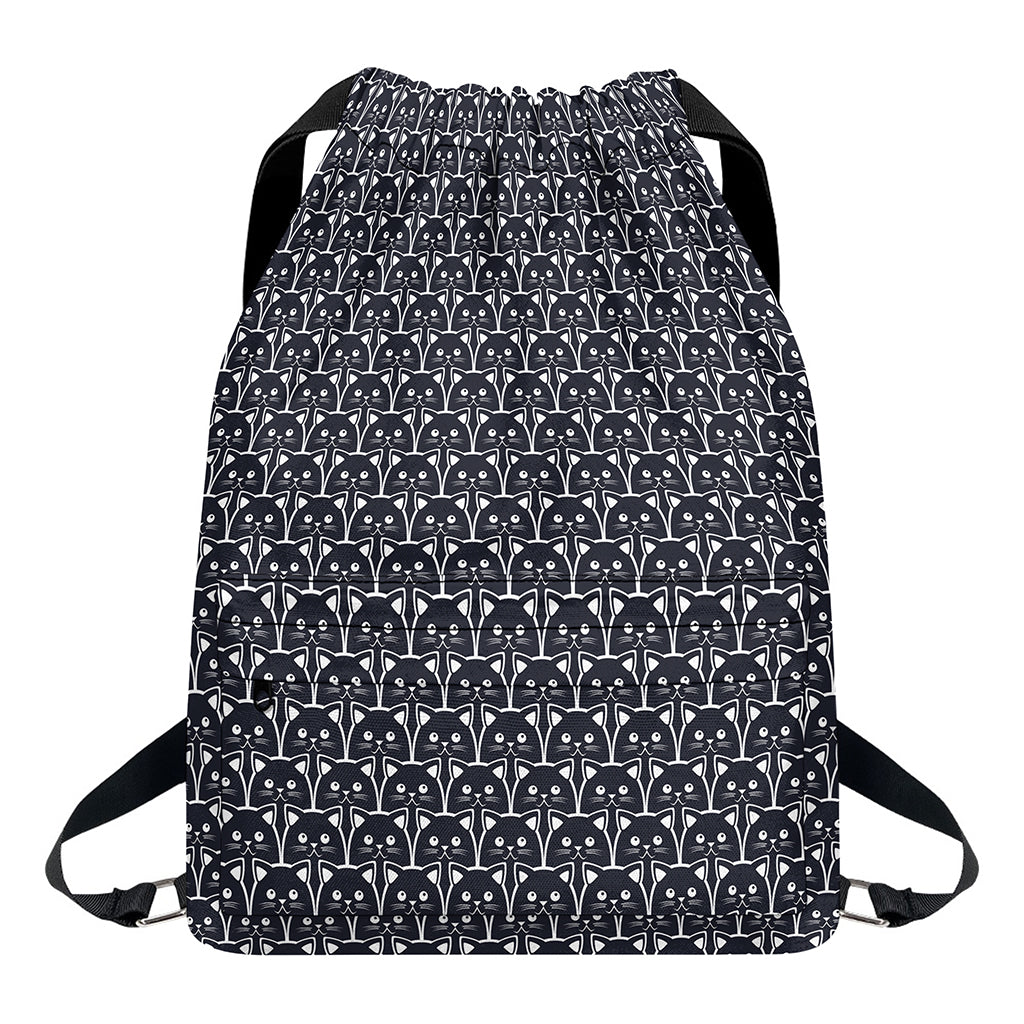 Cute Black Cat Pattern Print Drawstring Backpack