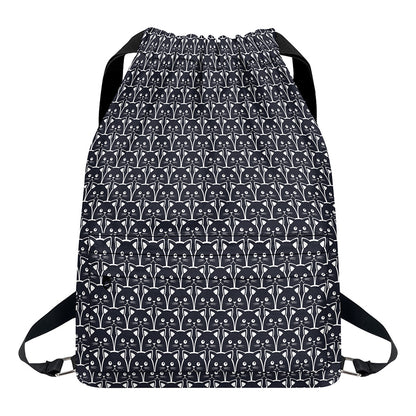 Cute Black Cat Pattern Print Drawstring Backpack