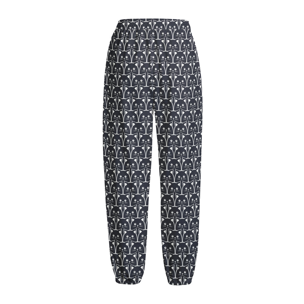 Cute Black Cat Pattern Print Fleece Lined Knit Pants