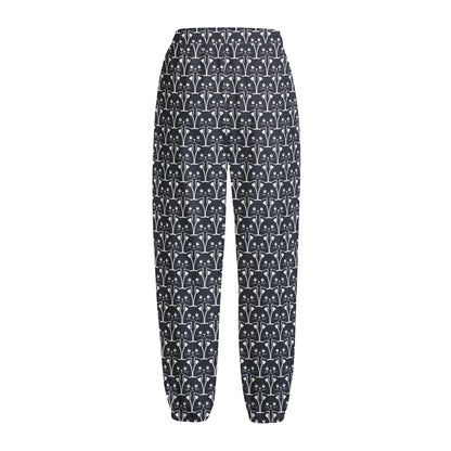 Cute Black Cat Pattern Print Fleece Lined Knit Pants
