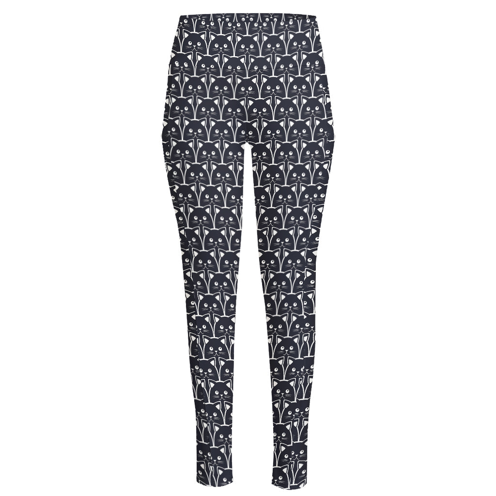 Cute Black Cat Pattern Print High-Waisted Pocket Leggings