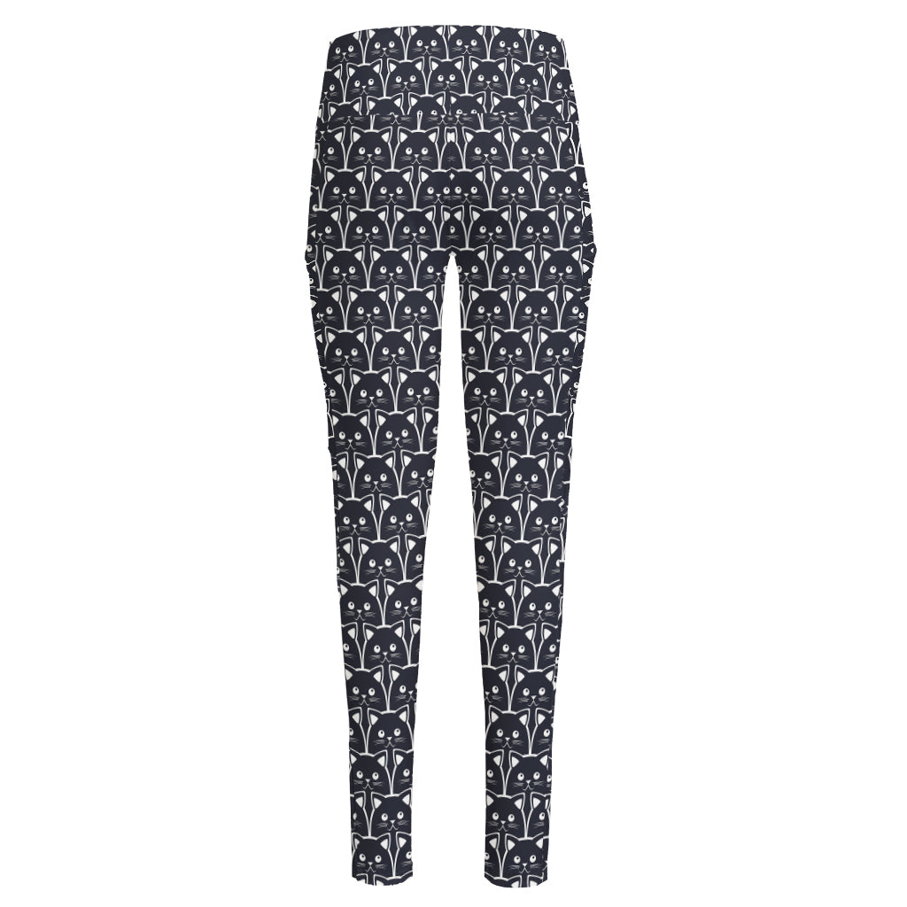 Cute Black Cat Pattern Print High-Waisted Pocket Leggings