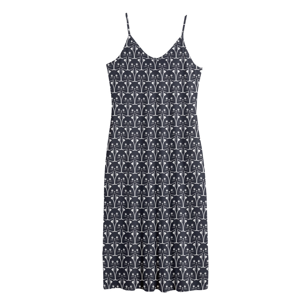 Cute Black Cat Pattern Print Jersey Midi Cami Dress