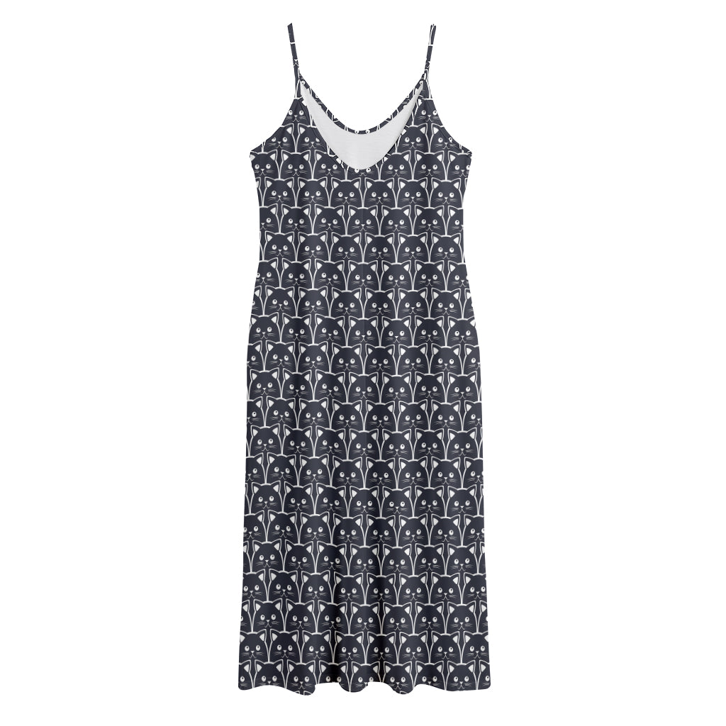 Cute Black Cat Pattern Print Jersey Midi Cami Dress