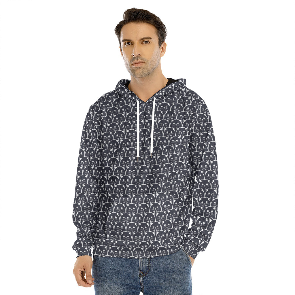 Cute Black Cat Pattern Print Men's Velvet Pullover Hoodie