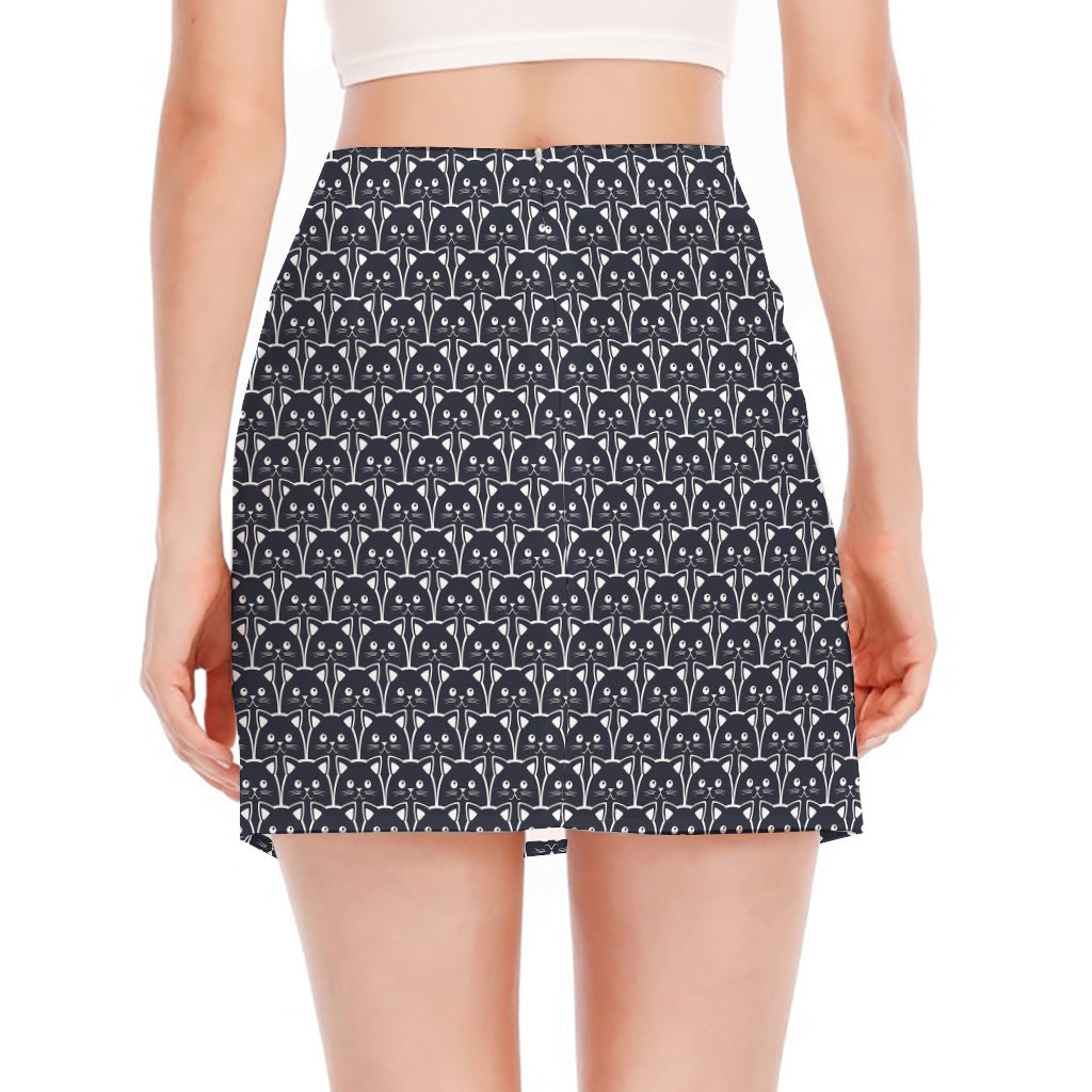 Cute Black Cat Pattern Print Side Slit Mini Skirt