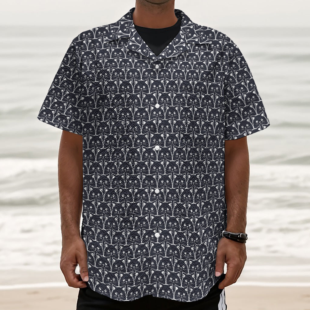 Cute Black Cat Pattern Print Textured Short Sleeve Shirt