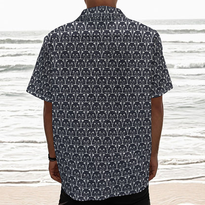 Cute Black Cat Pattern Print Textured Short Sleeve Shirt