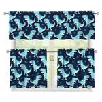 Cute Blue T-Rex Dinosaur Pattern Print 3 Piece Kitchen Curtains