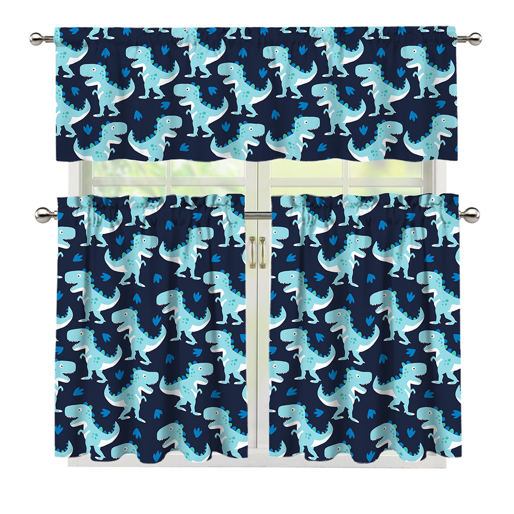 Cute Blue T-Rex Dinosaur Pattern Print 3 Piece Kitchen Curtains