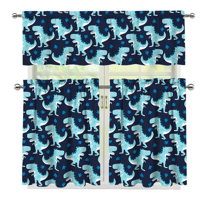 Cute Blue T-Rex Dinosaur Pattern Print 3 Piece Kitchen Curtains