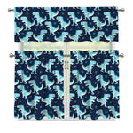 Cute Blue T-Rex Dinosaur Pattern Print 3 Piece Kitchen Curtains