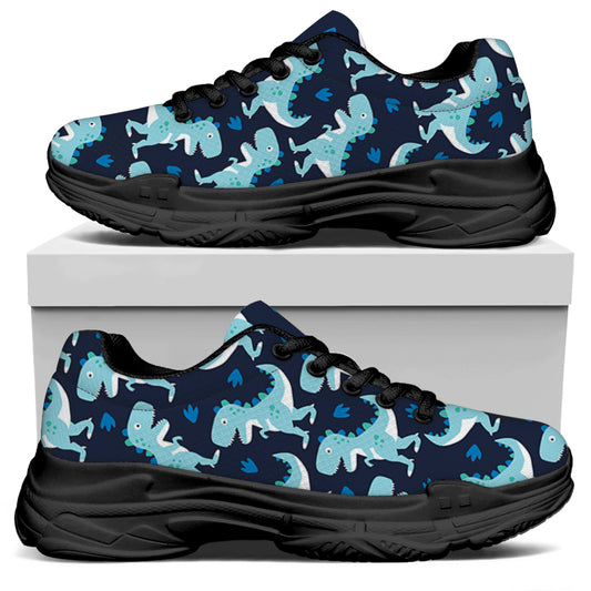 Cute Blue T-Rex Dinosaur Pattern Print Black Chunky Shoes