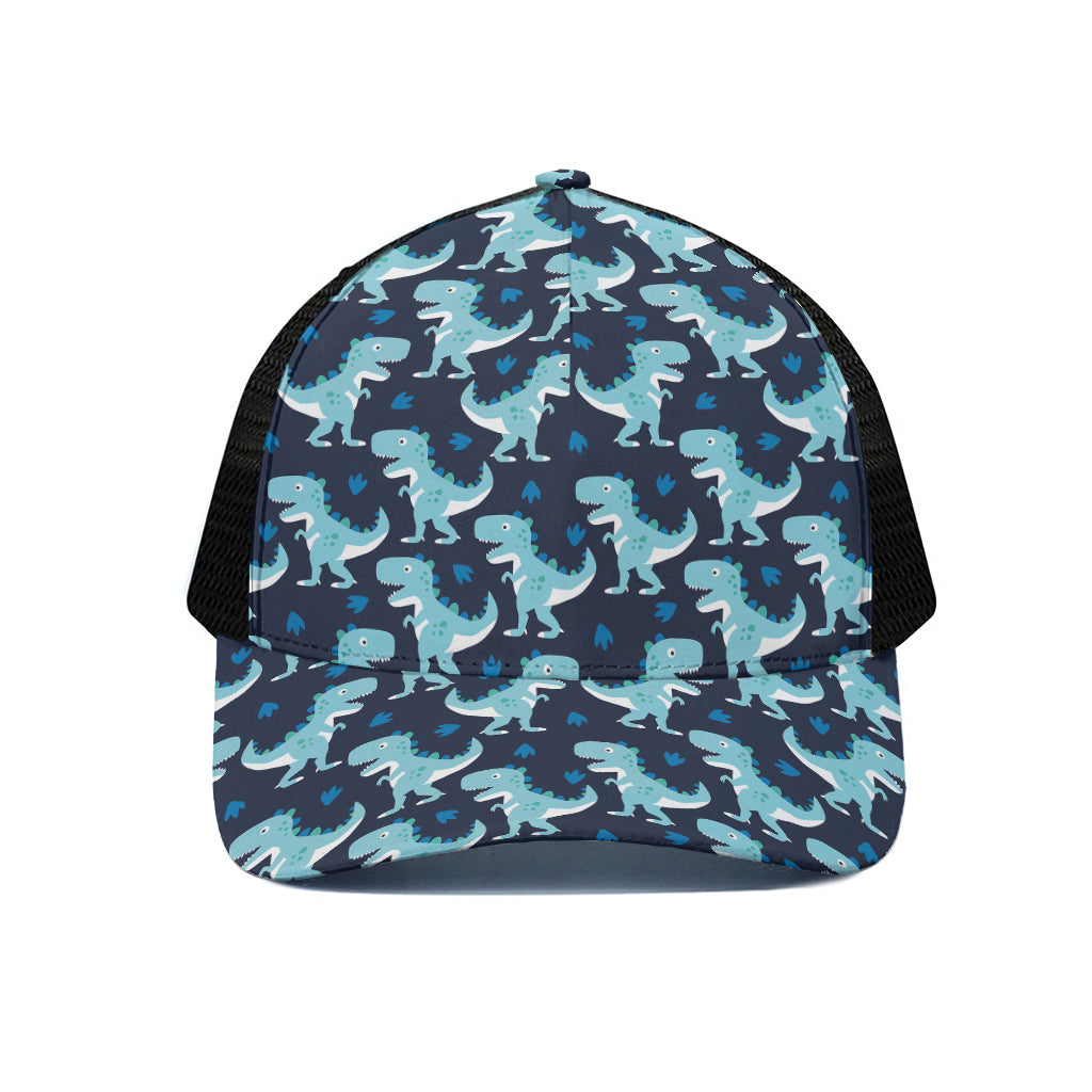 Cute Blue T-Rex Dinosaur Pattern Print Black Mesh Trucker Cap