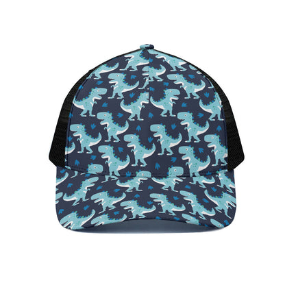 Cute Blue T-Rex Dinosaur Pattern Print Black Mesh Trucker Cap