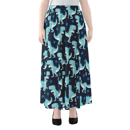 Cute Blue T-Rex Dinosaur Pattern Print Chiffon Maxi Skirt