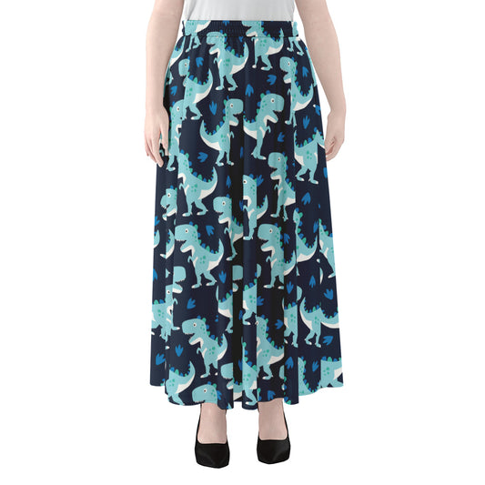 Cute Blue T-Rex Dinosaur Pattern Print Chiffon Maxi Skirt
