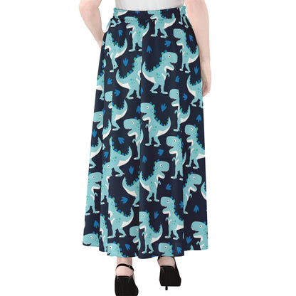 Cute Blue T-Rex Dinosaur Pattern Print Chiffon Maxi Skirt
