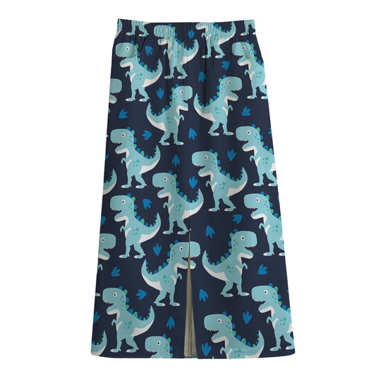 Cute Blue T-Rex Dinosaur Pattern Print Cotton Front Slit Maxi Skirt
