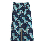 Cute Blue T-Rex Dinosaur Pattern Print Cotton Front Slit Maxi Skirt